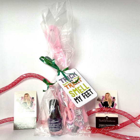 “Trick Or Treat Smell My Feet” pedicure package with nail polish and gift tag. - Picture 2 of 4
